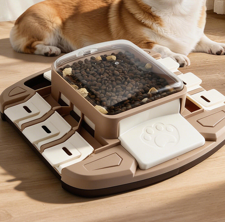 Press-and-slide pet puzzle feeder with movable food dispensing sections