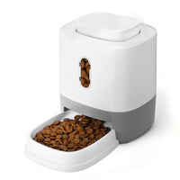 Press-to-dispense dog feeder for interactive food and treat feeding