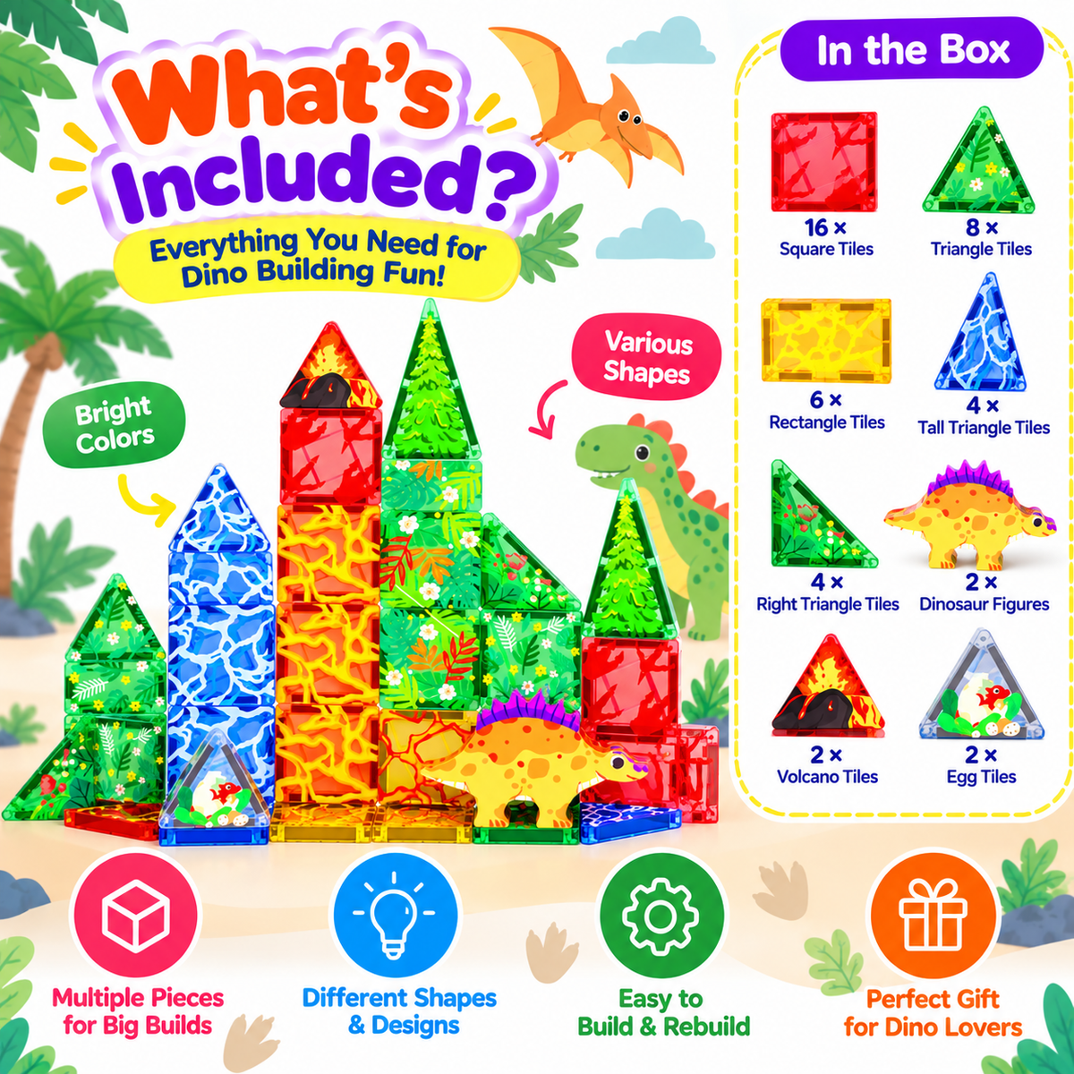 - Printed dinosaur magnetic sheet set featuring assorted dinosaur-themed illustrations.