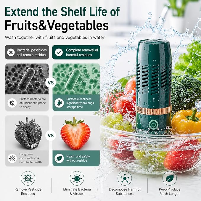 Rechargeable produce washer operating inside a water-filled container
