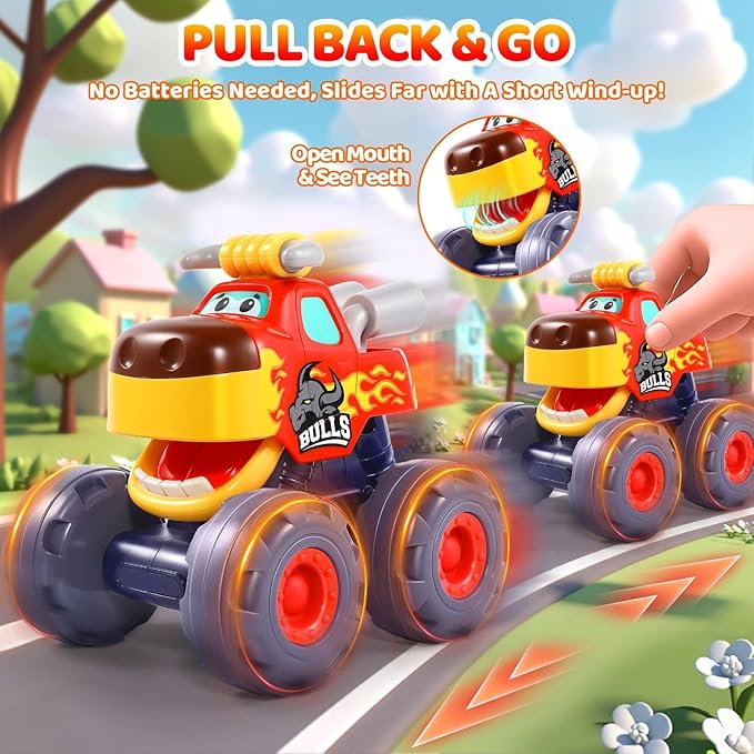 Colorful pull-back monster truck toys with oversized wheels