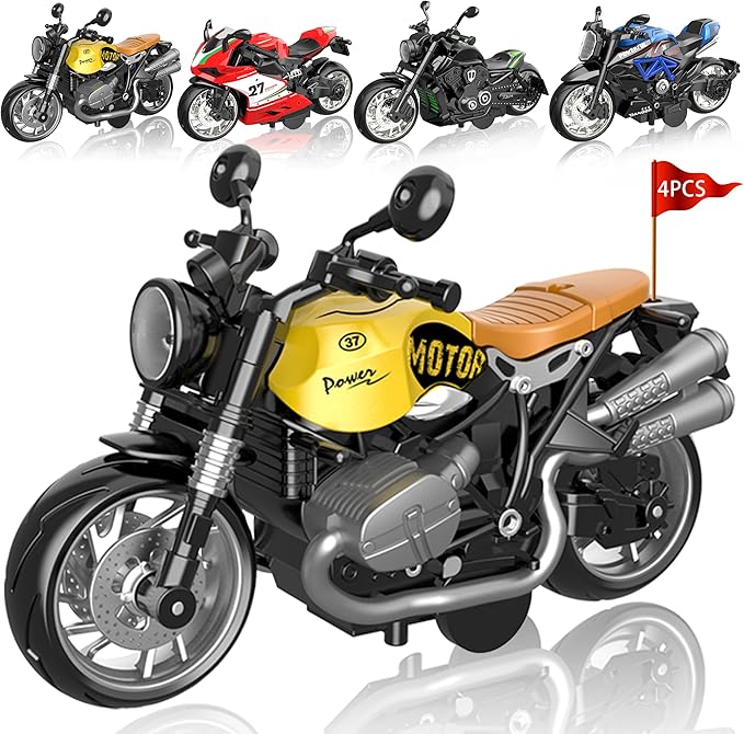 Pull back motorcycle toy set 4 pack with lights and sound