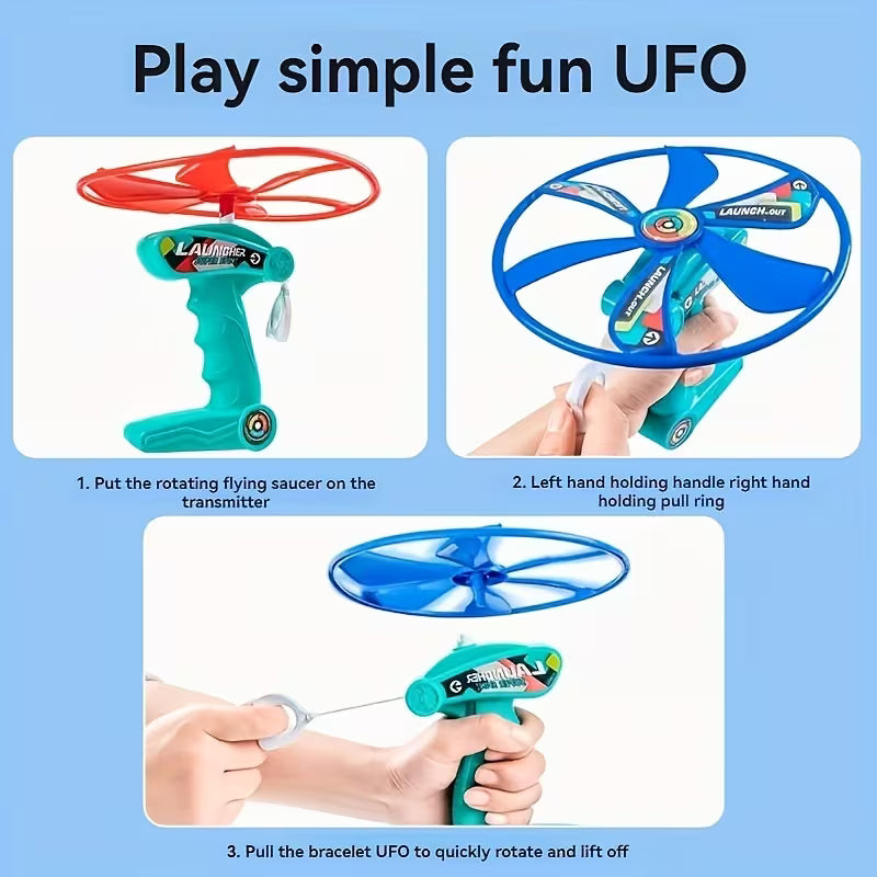 Pull string UFO launcher toy for garden and park games