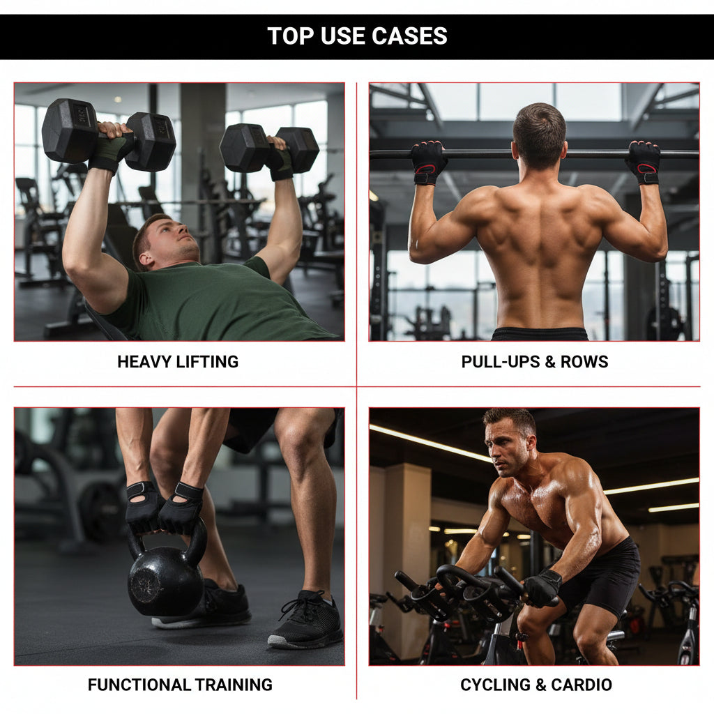 Workout gloves for pull ups, hanging exercises, and training use