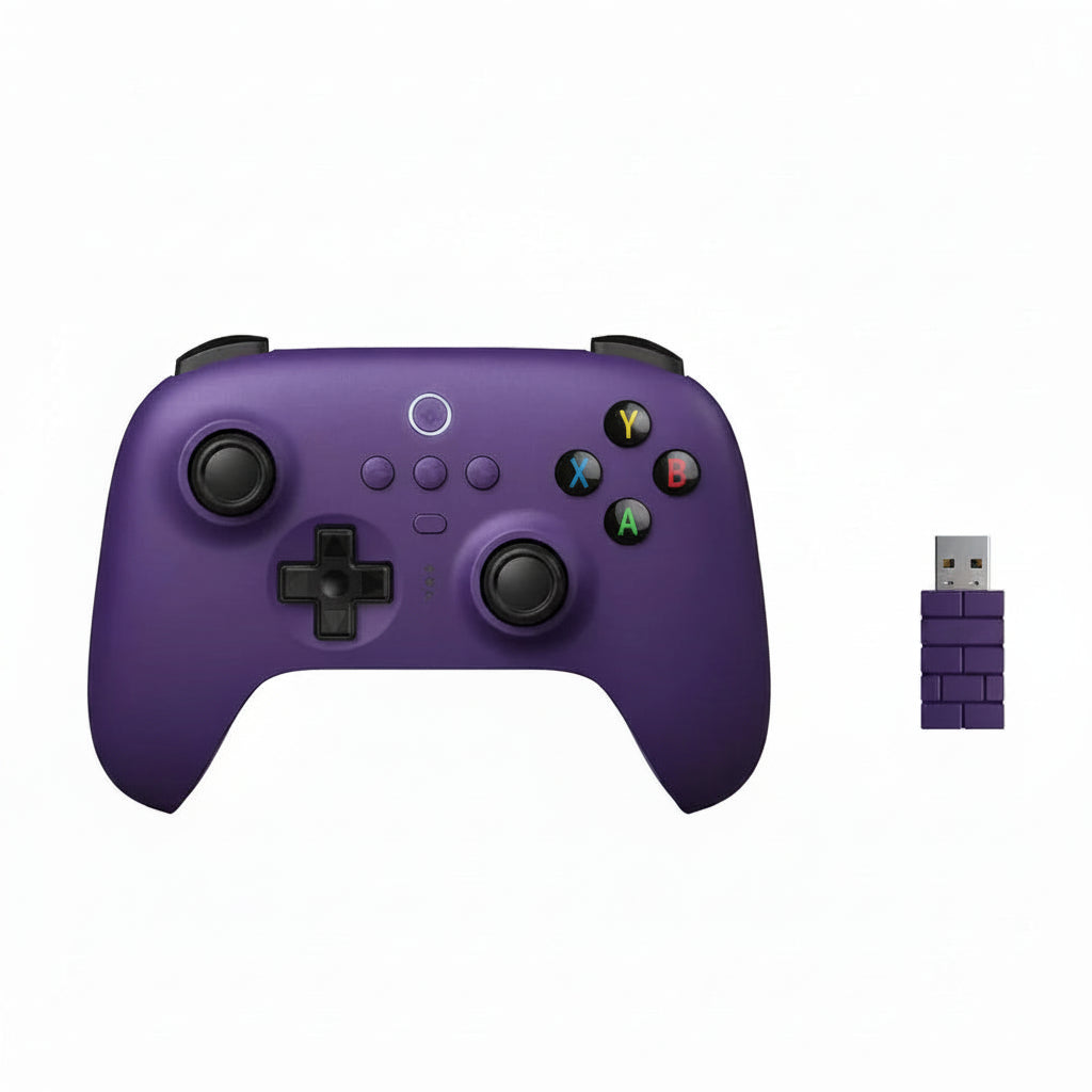 Purple 2.4G wireless game controller front view with smooth button layout