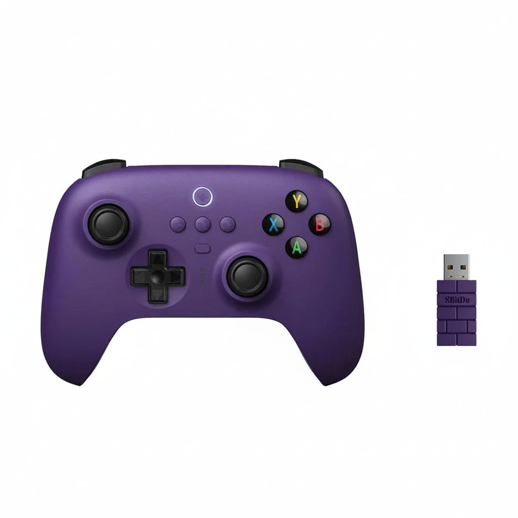 Purple 2.4G wireless game controller front view with smooth button layout