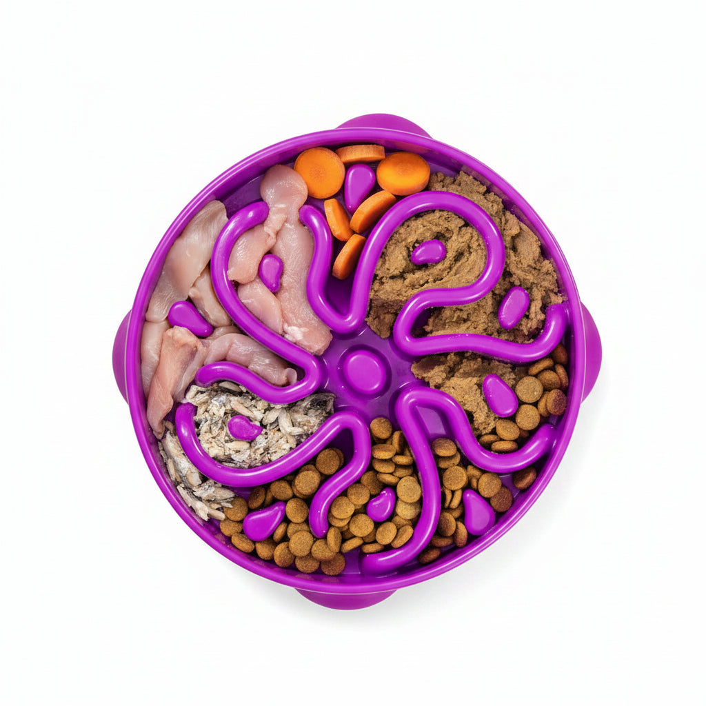 Purple dog feeding bowl with maze pattern