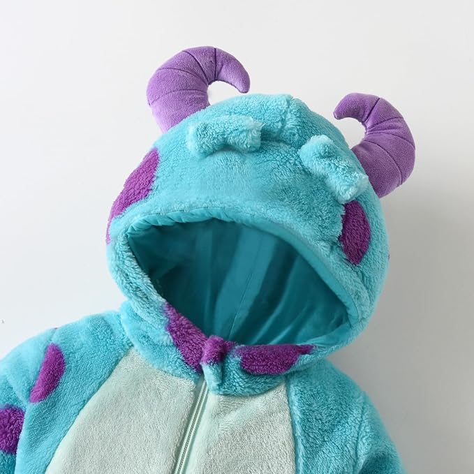 Close-up of the character hood featuring curved purple horns and raised details.
