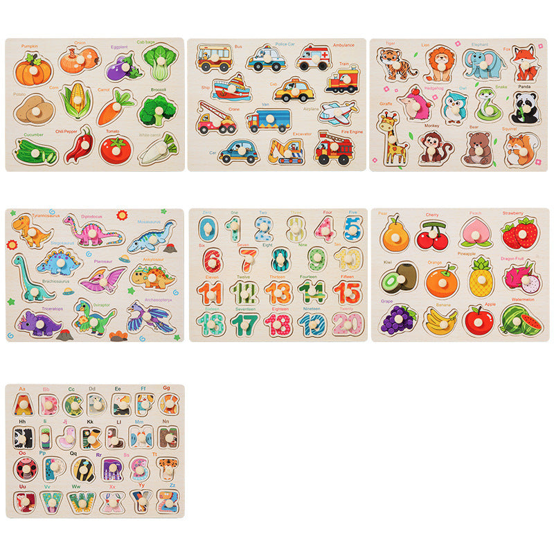 puzzles with animals, vehicles, numbers, and fruits on a white background