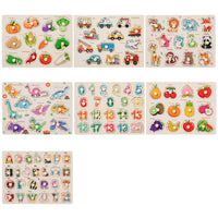 puzzles with animals, vehicles, numbers, and fruits on a white background