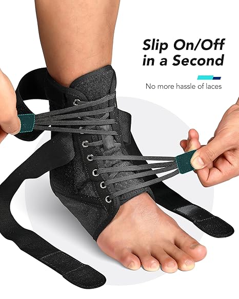 Back view of lace-up ankle stabilizer for men and women, highlighting breathable and flexible material