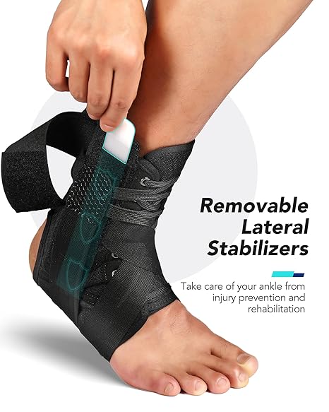 Side view of adjustable ankle brace showing removable splints and ergonomic lace-up design