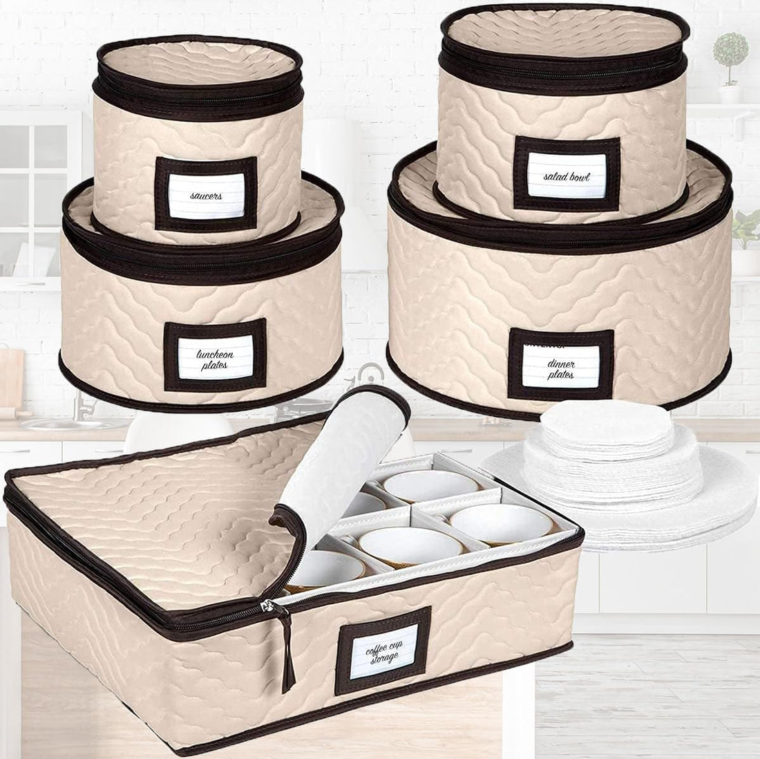 Quilted dinnerware storage boxes for plates mugs and glasses