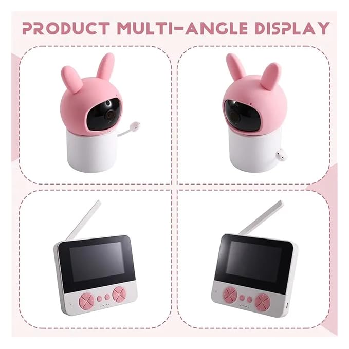 Front view of the rounded nursery camera showing two pink ears and a black lens panel.