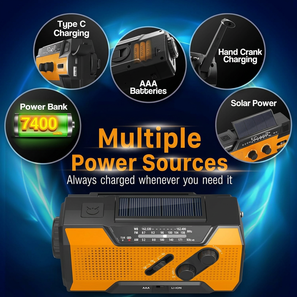 Portable radio with built-in LED flashlight turned on