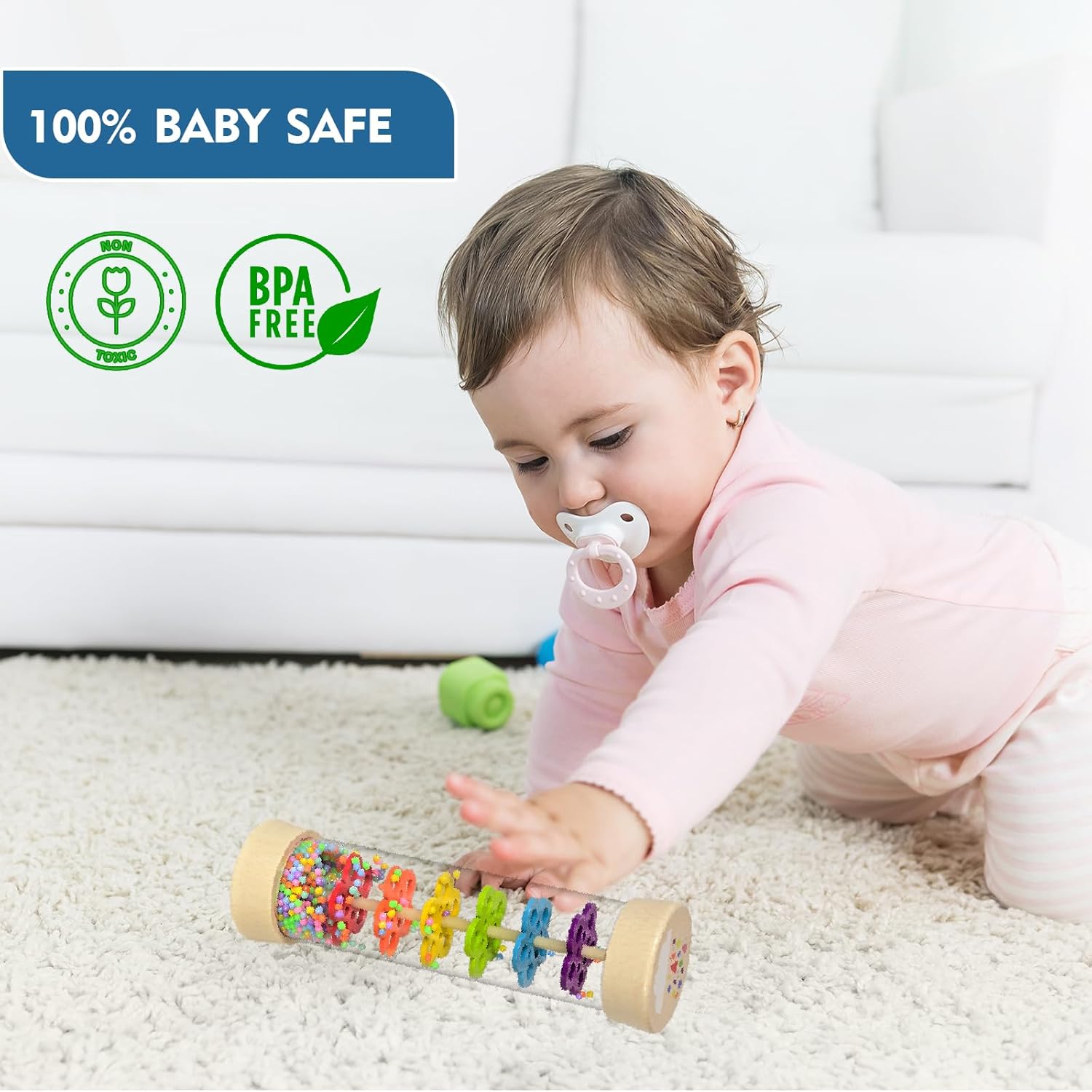 Rain stick toy beads close up wooden sensory toy for babies montessori learning toy