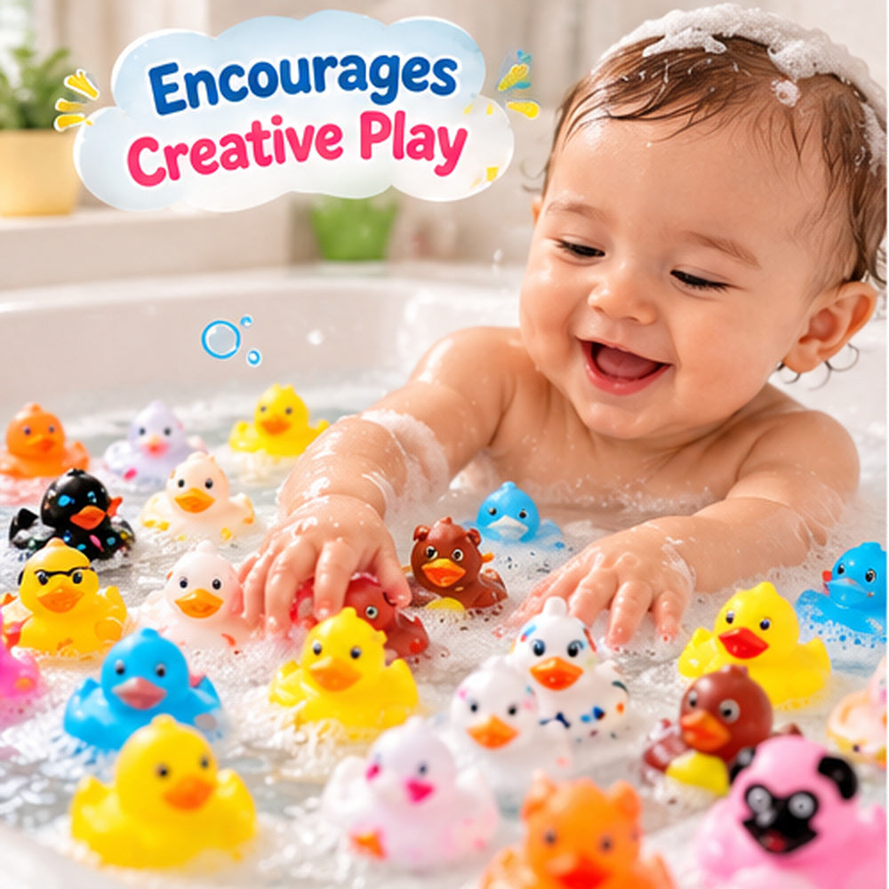 Group of mini duck figures arranged to showcase pink, blue, green, purple, orange and yellow colours.