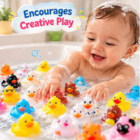 Group of mini duck figures arranged to showcase pink, blue, green, purple, orange and yellow colours.