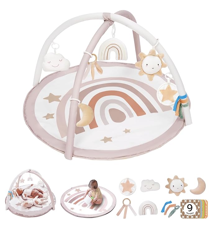 Rainbow baby play gym with soft padded mat and hanging sensory toys