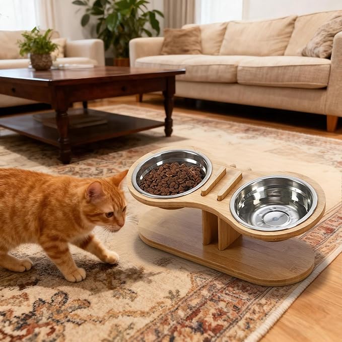 Raised Cat Feeding Station with Two Bowl Design