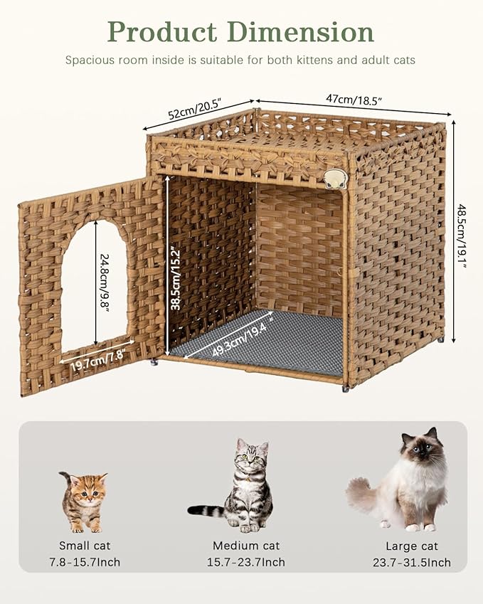 rattan cat house with litter mat and privacy fence