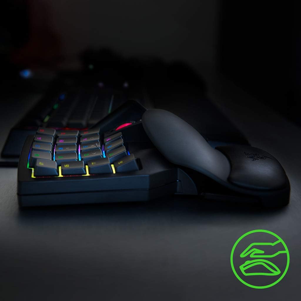 Razer Tartarus V2 RGB gaming keypad with wrist rest on a white background
