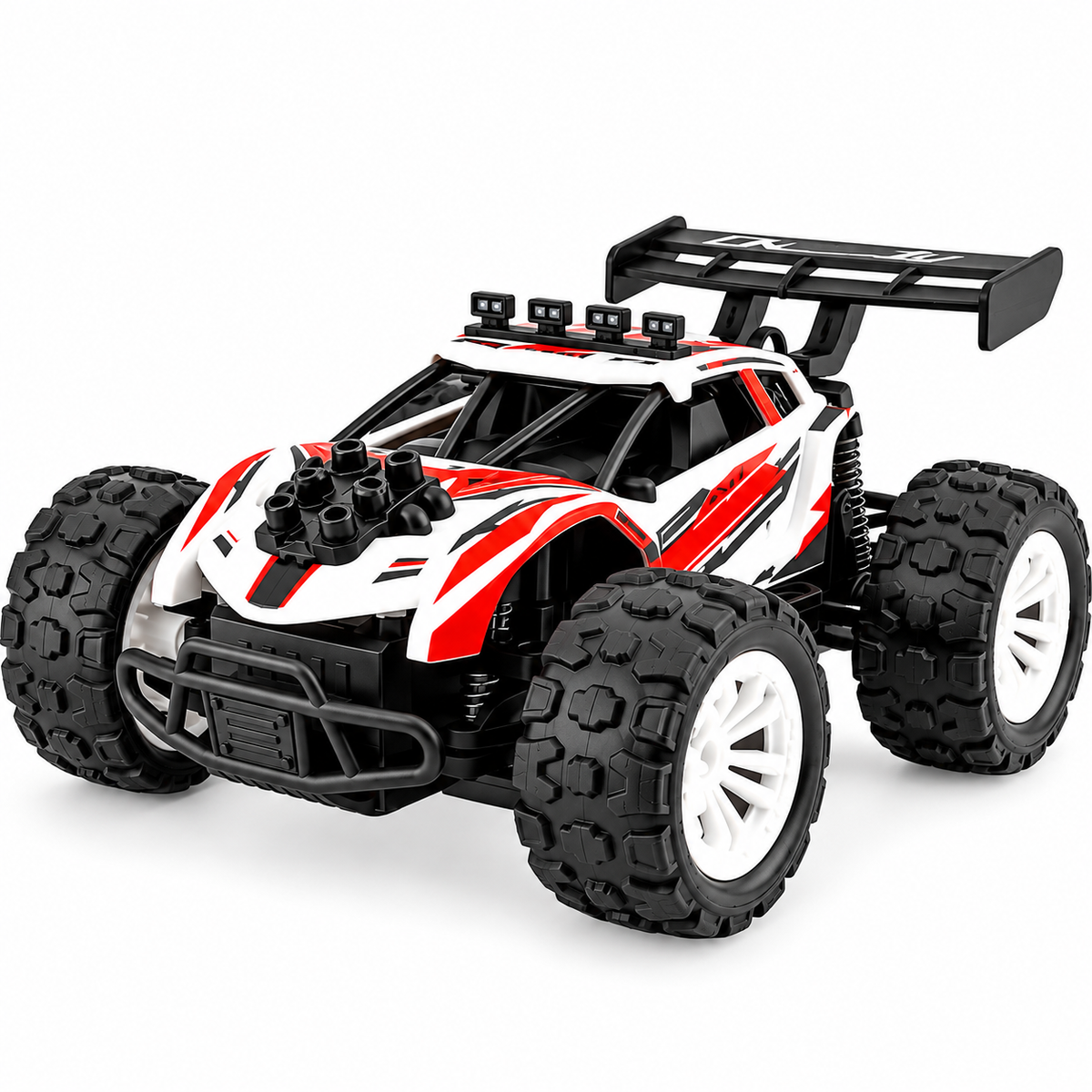 1:18 scale 4WD RC car featuring an off-road racing design and four-wheel-drive system.