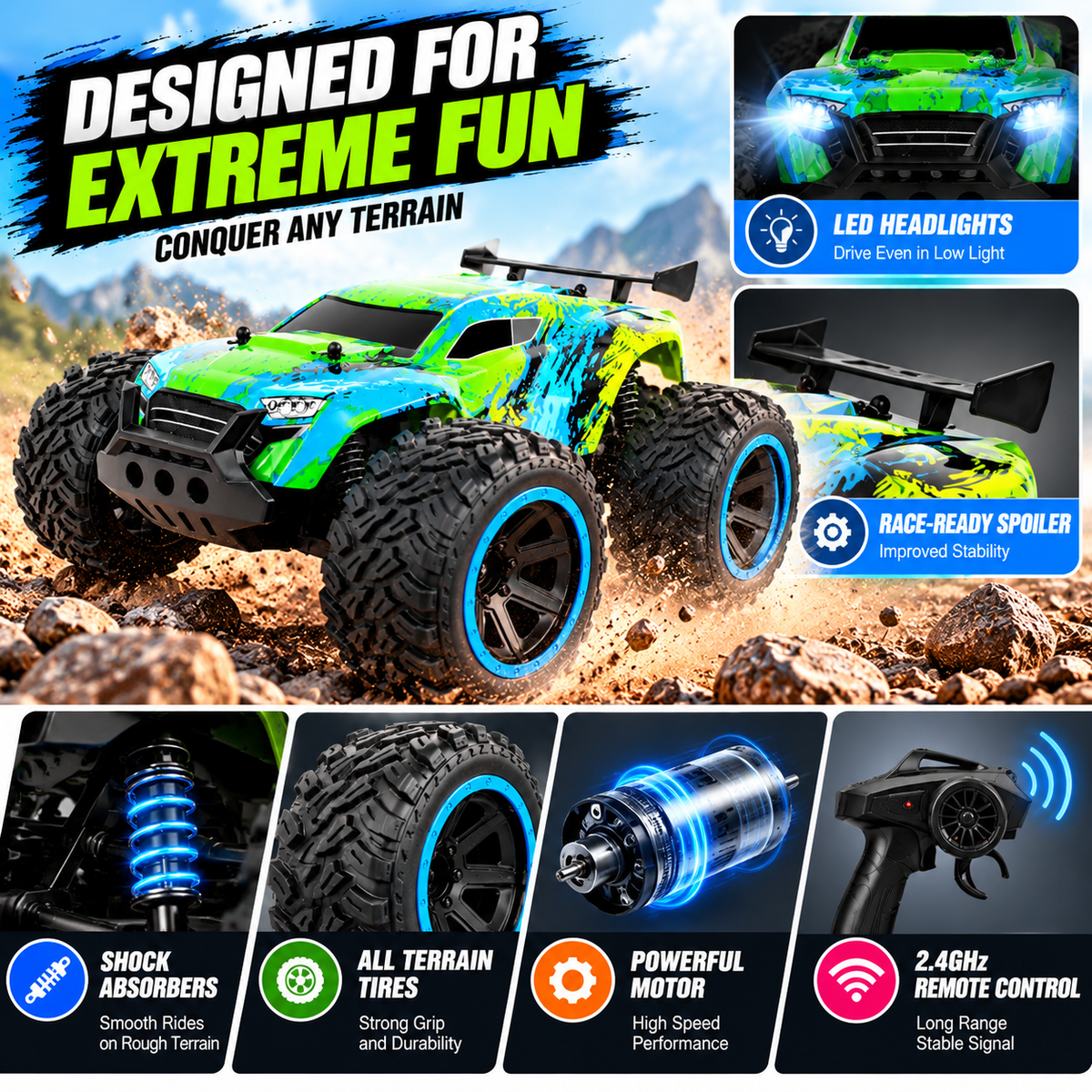 RC car with big-foot wheels and a climbing-inspired vehicle body.