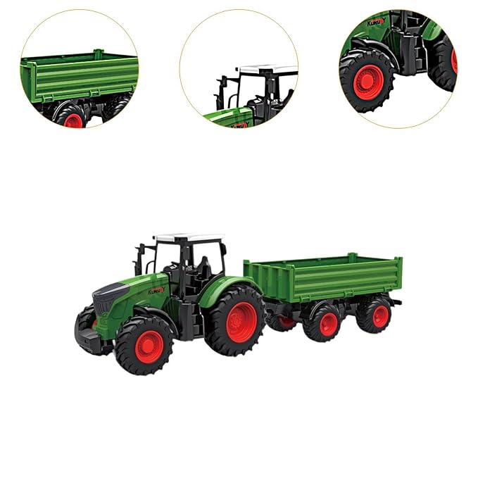 RC farm tractor toy with lights, trailer attachment, and loader design for children