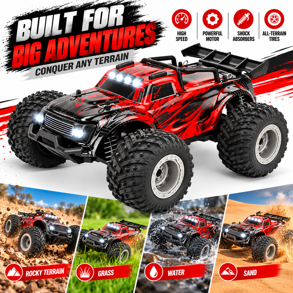 RC monster truck displaying its integrated lighting during operation.