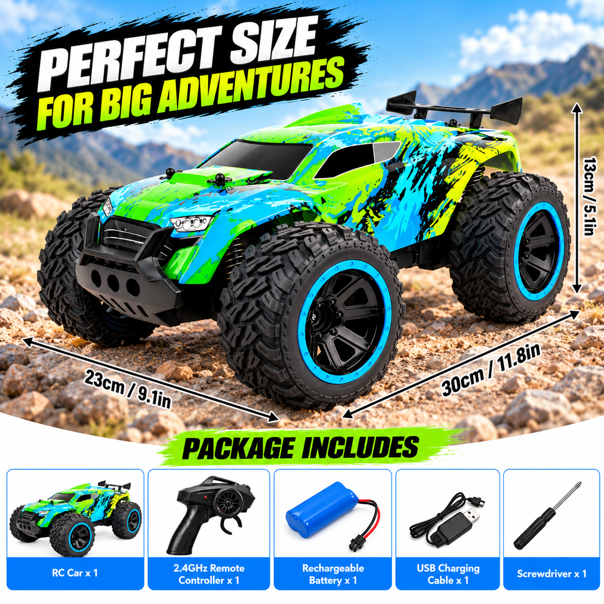 RC monster truck toy featuring oversized wheels and sporty vehicle styling.