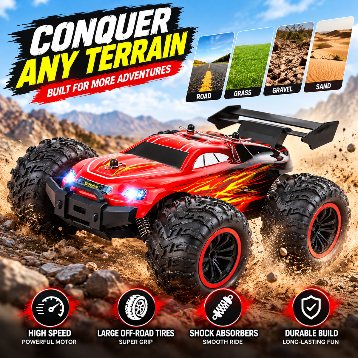 RC monster truck featuring a racing-inspired model vehicle body.