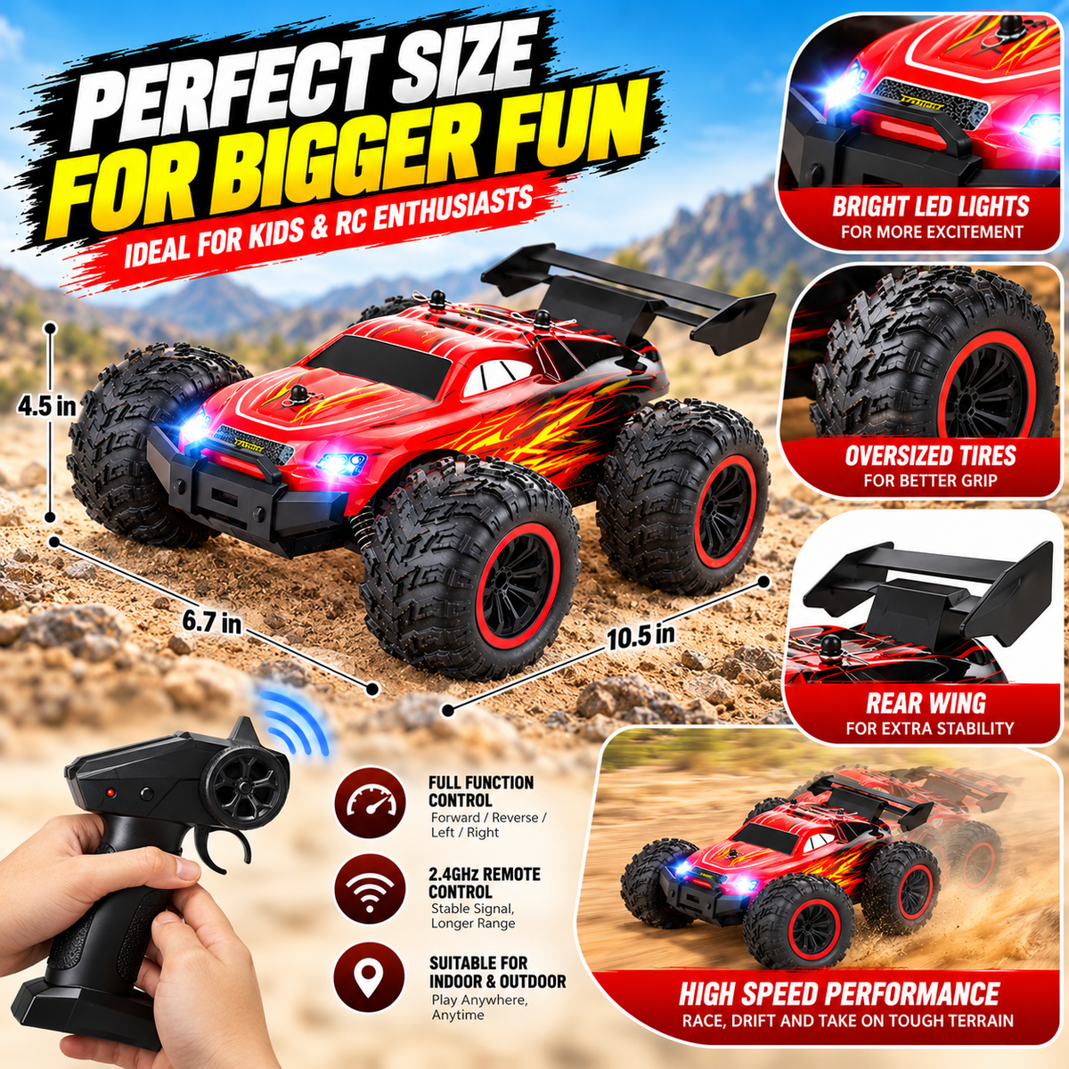 RC monster truck displayed alongside its handheld remote controller.