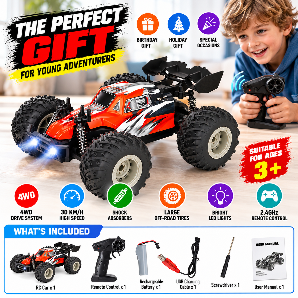 RC off-road truck displayed alongside its compatible remote controller.