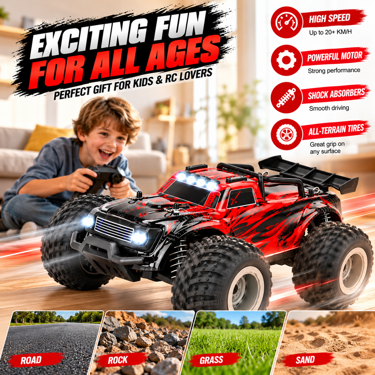 RC off-road vehicle featuring large tyres and a truck-style body.