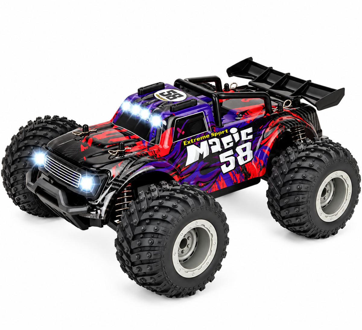 RC racing car positioned alongside its handheld remote controller.