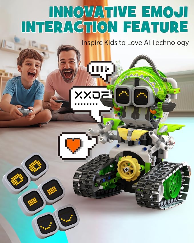 Assembled remote control robot toy displayed alongside its handheld controller.