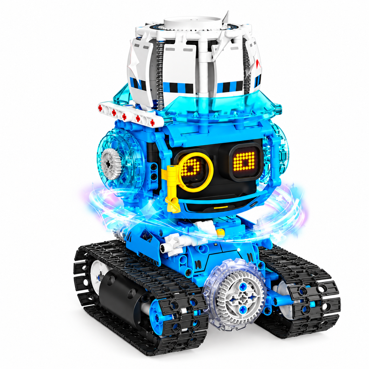 Assembled RC robot building kit displayed alongside its remote controller.