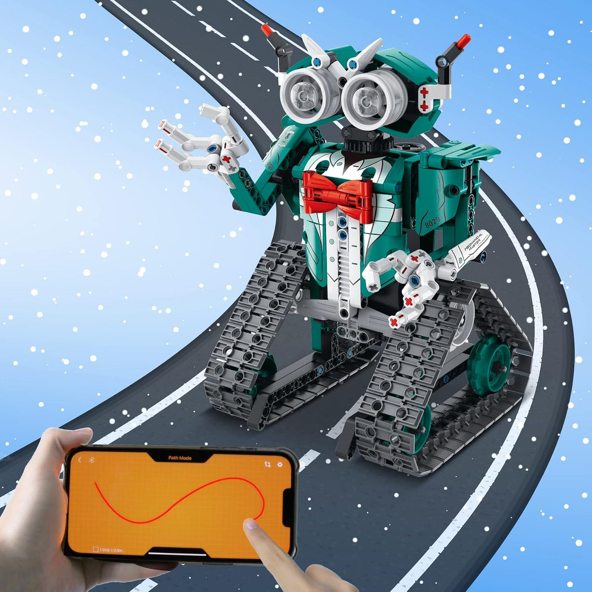 RC robot toy assembled from construction blocks for STEM-inspired play.
