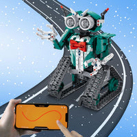 RC robot toy assembled from construction blocks for STEM-inspired play.