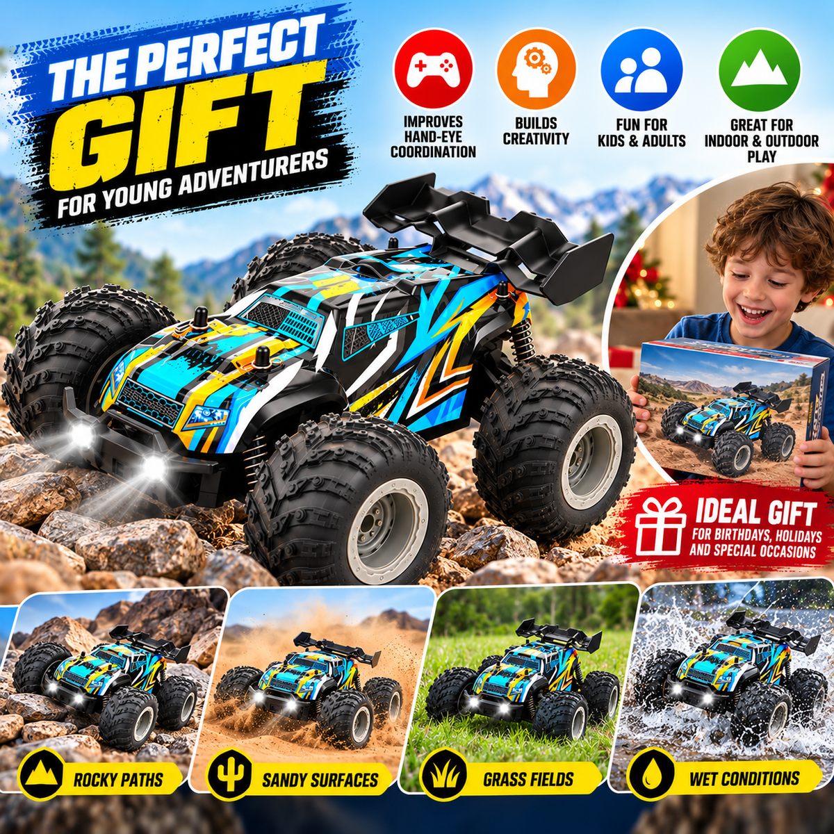 Side profile of an RC toy car highlighting its oversized tyres and truck-style body.