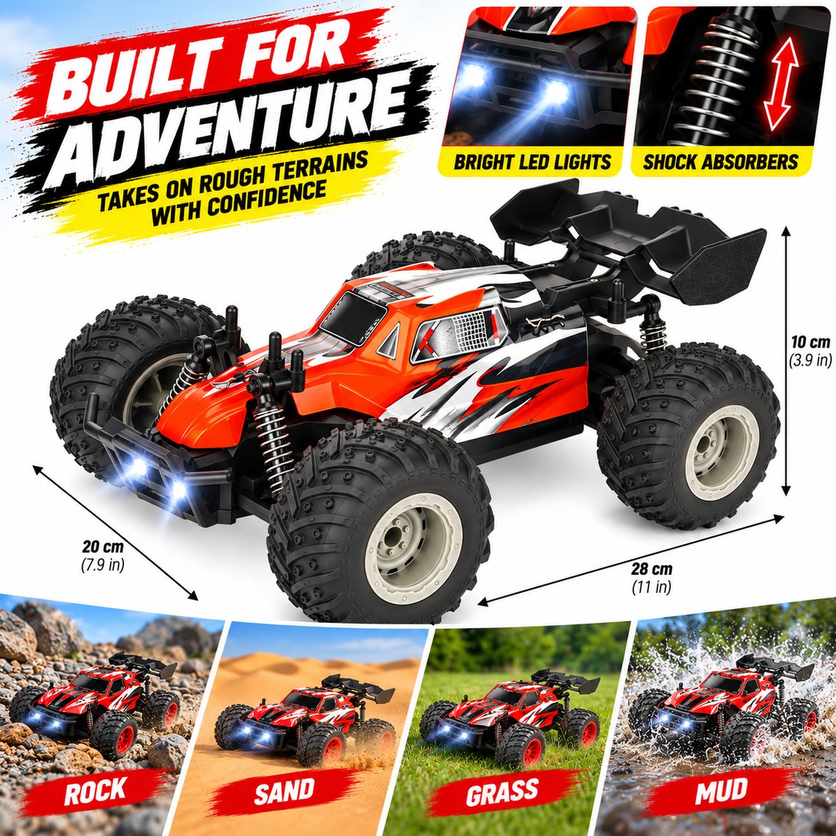 Front view of an RC truck showing its large tires and off-road design.