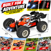 Front view of an RC truck showing its large tires and off-road design.