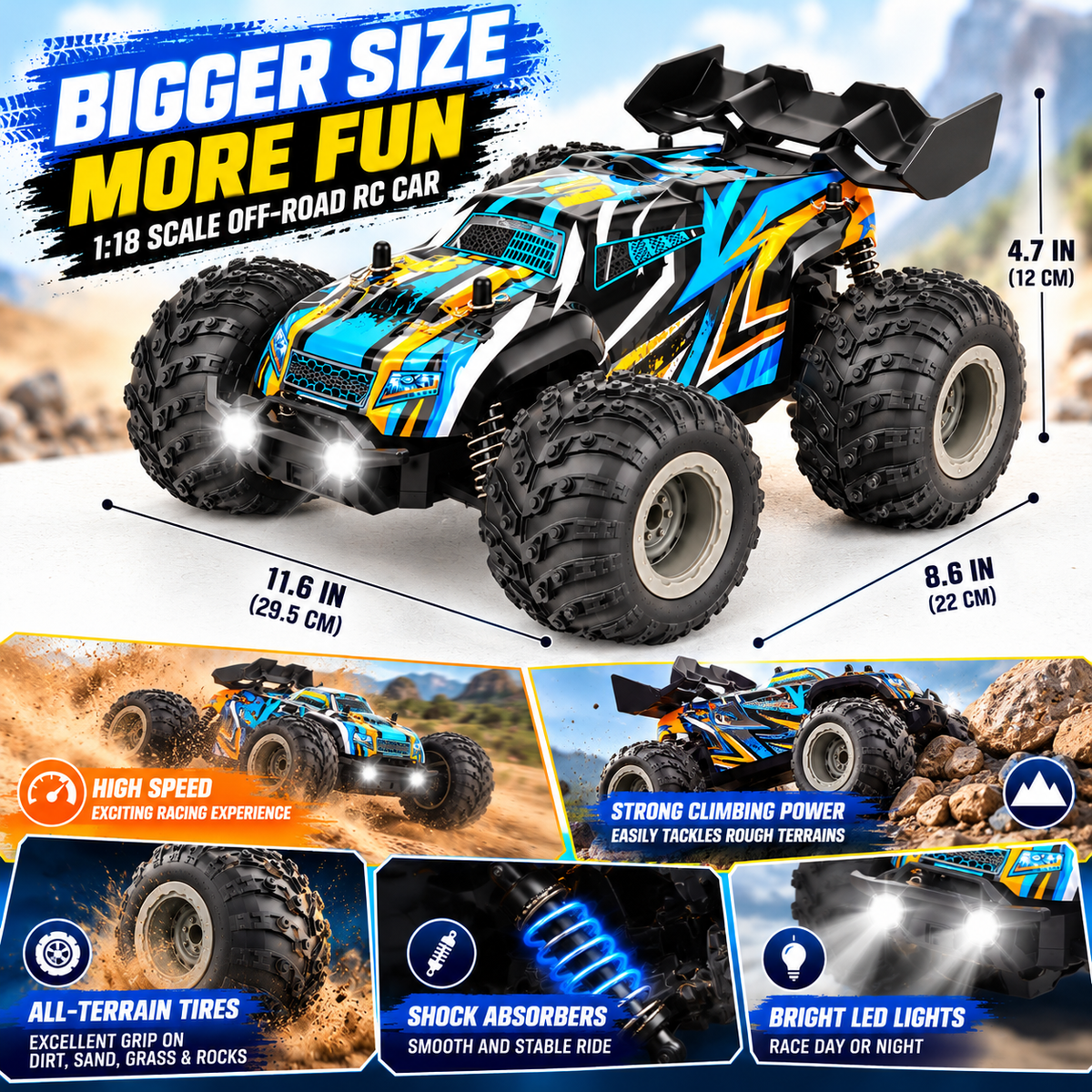 RC truck with a big-wheel vehicle body and off-road-inspired styling.