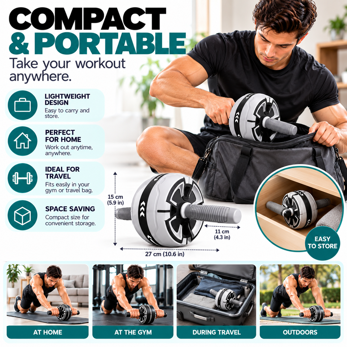 Detachable rebound ab roller with removable handles for compact storage.