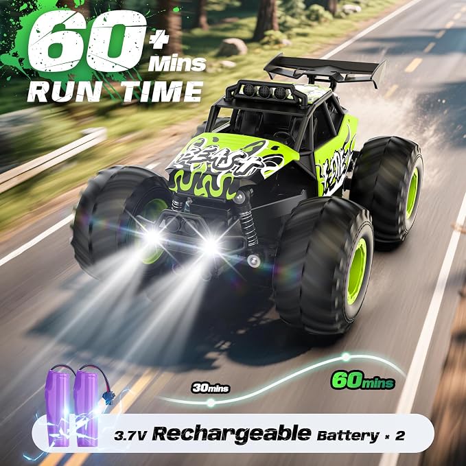 Rechargeable all terrain RC car with large monster truck wheels