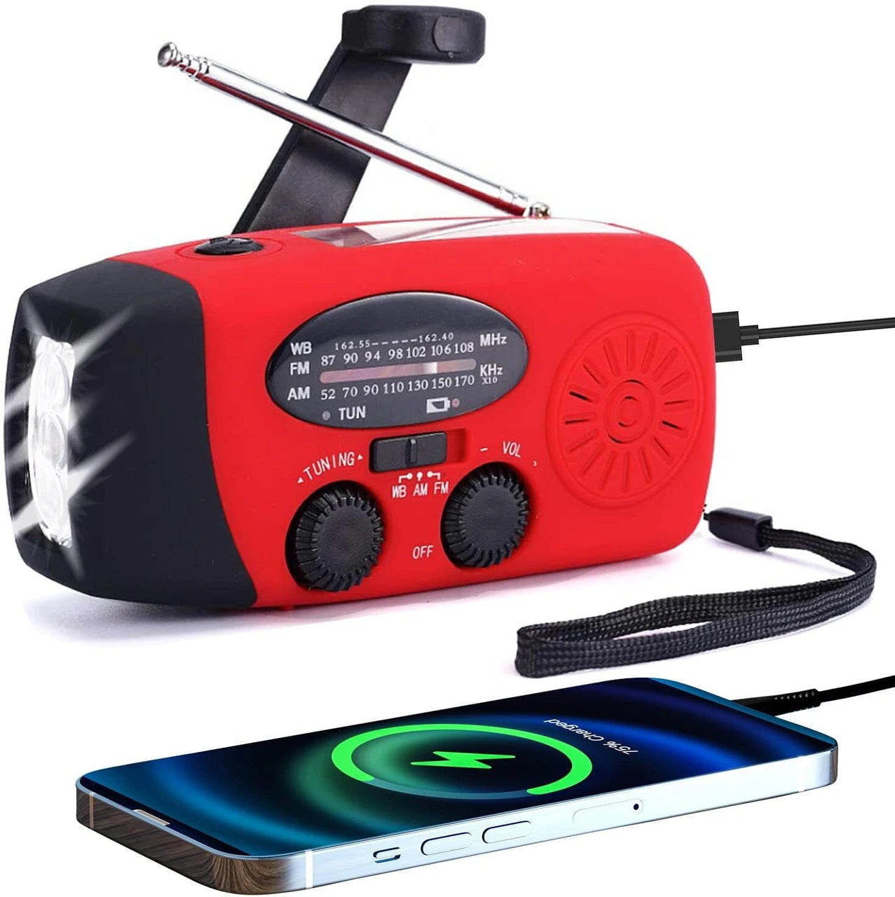 Rechargeable AM/FM radio with 2000mAh power bank, USB port, LED light, and hand crank charging feature