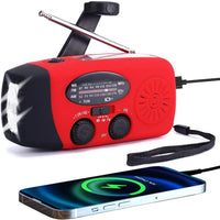 Rechargeable AM/FM radio with 2000mAh power bank, USB port, LED light, and hand crank charging feature