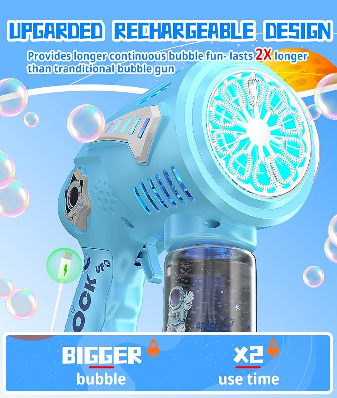Rechargeable bubble gun displaying its built-in LED lighting feature.