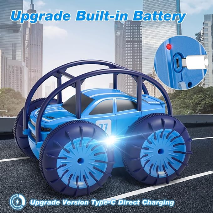 Rechargeable RC car performing a 360-degree flip